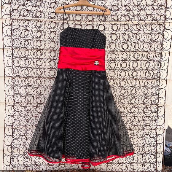 Vintage 90s red black white polkadot strapless punk goth prom dress LARGE - Picture 1 of 6